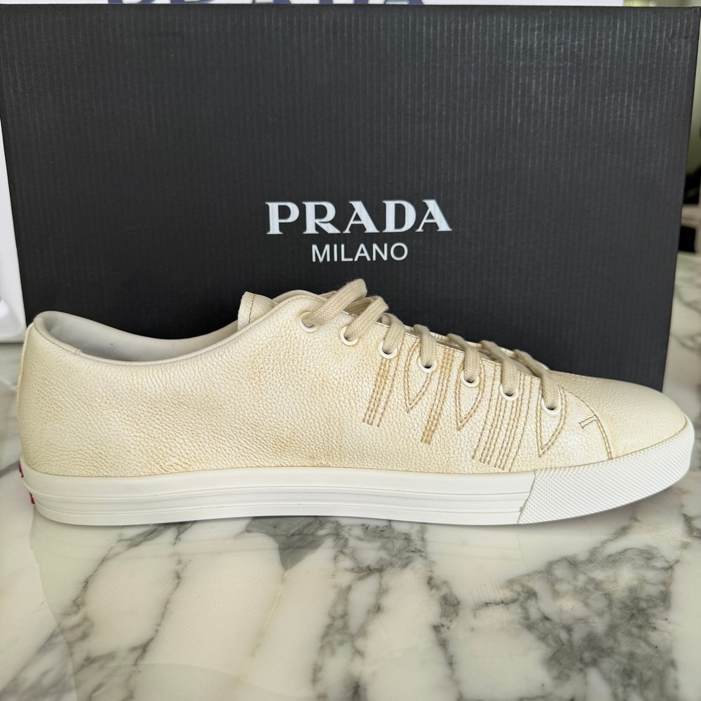 Prada Milano 2EE448 Mens White Pebbled Leather Low Top Sneakers, UK 10 - Picture 2 of 16